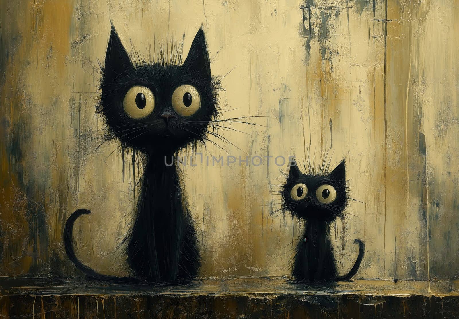 Illustration of black cats sitting on an abstract background. Selective focus.