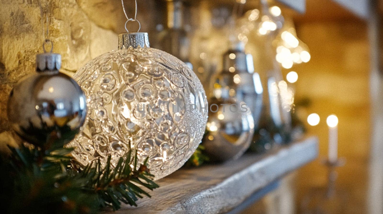 Christmas, holiday decor and country cottage style, cosy atmosphere, decorated Christmas tree in the English countryside house living room with fireplace, interior decoration idea