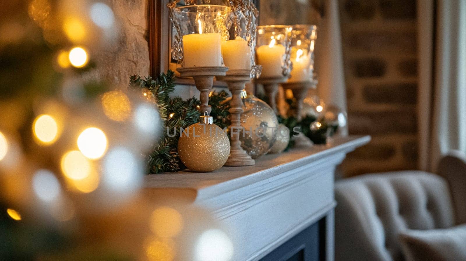 Christmas, holiday decor and country cottage style, cosy atmosphere, decorated Christmas tree in the English countryside house living room with fireplace, interior decoration idea