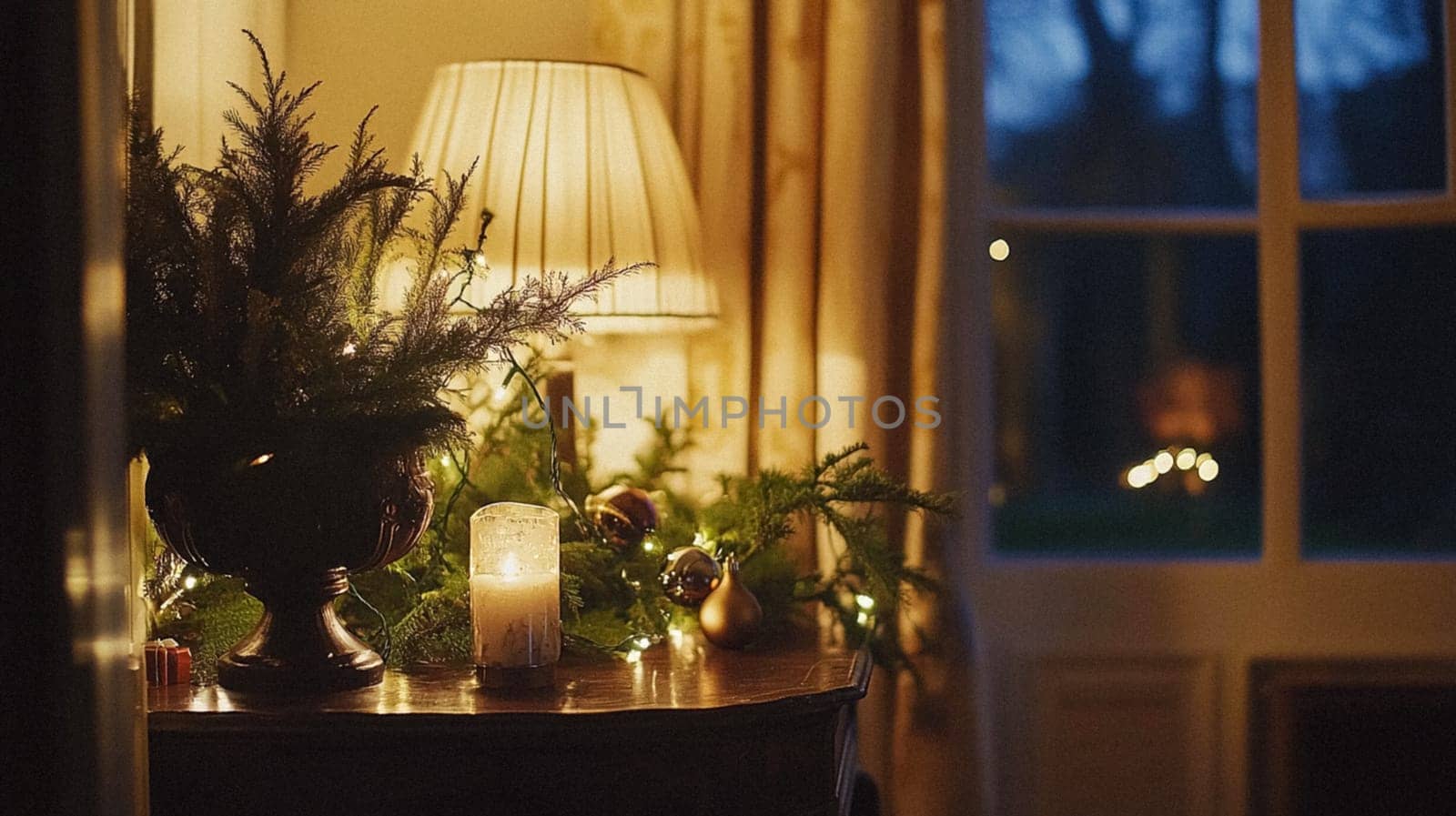 Christmas, holiday decor and country cottage style, cosy atmosphere, decorated Christmas tree in the English countryside house living room with fireplace, interior decoration idea