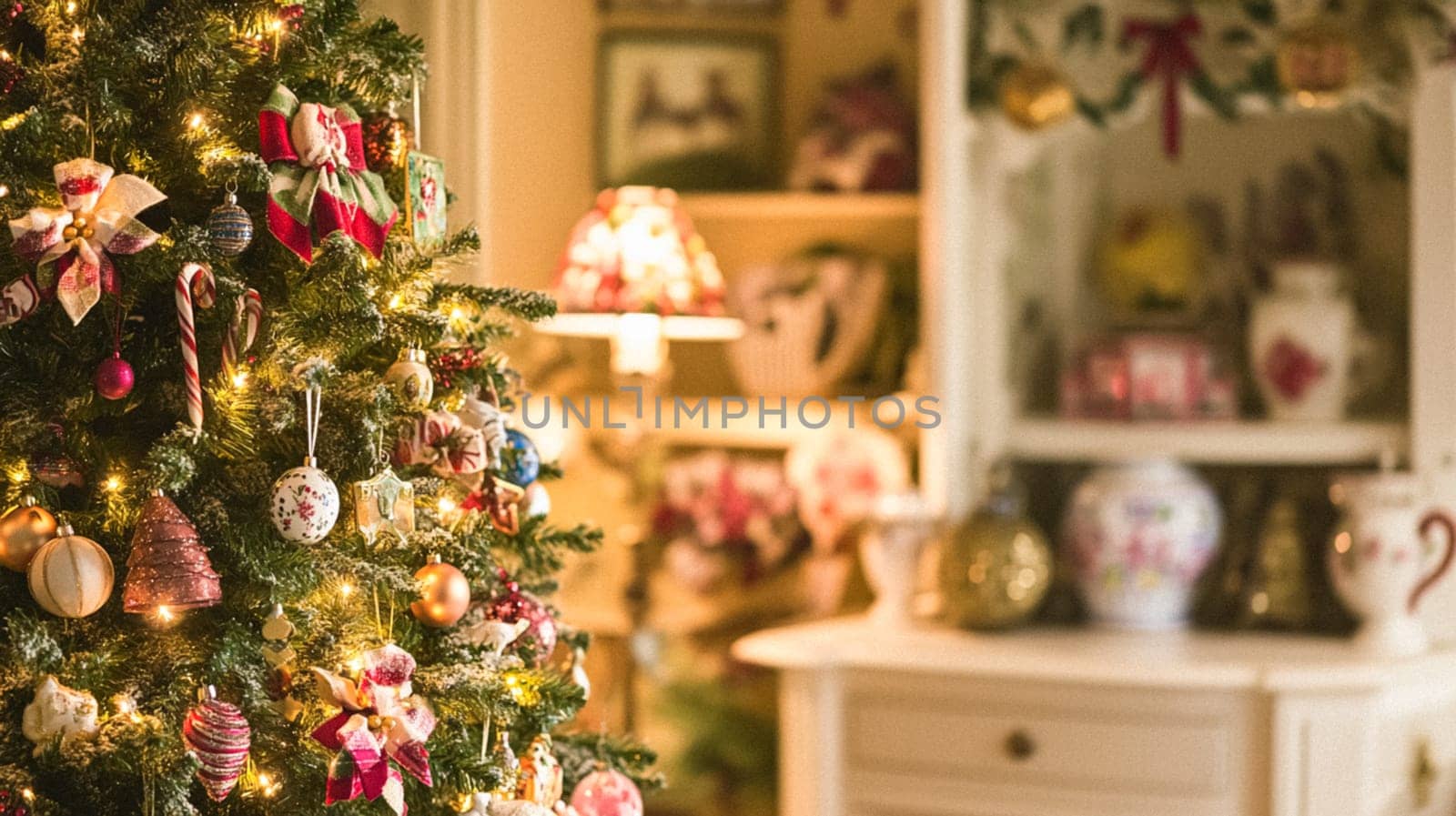 Christmas, holiday decor and country cottage style, cosy atmosphere, decorated Christmas tree in the English countryside house living room with fireplace, interior decoration idea