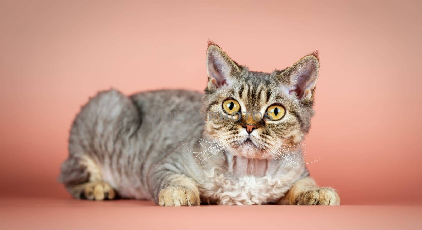 A captivating tabby cat with bright, striking eyes lounges comfortably against a soft peach background. the feline's short, curly coat and alert expression radiate a sense of calm and elegance.