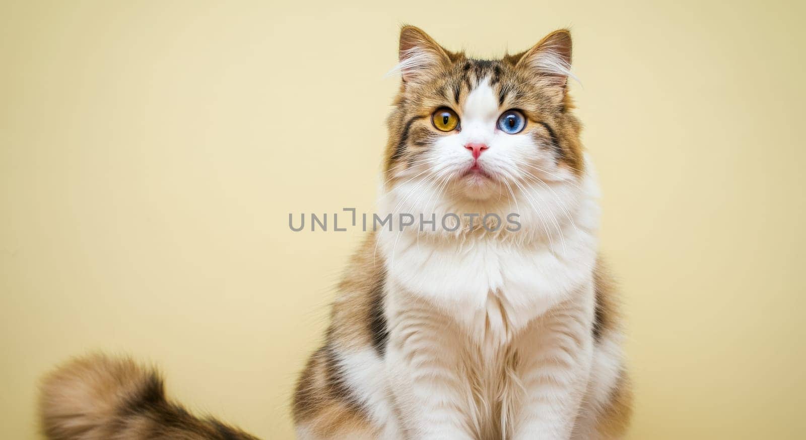 Fluffy cat with heterochromatic eyes—one blue, one amber—sitting against a soft yellow backdrop. its striking multicolored fur and captivating gaze highlight the beauty and wonder of feline diversity.