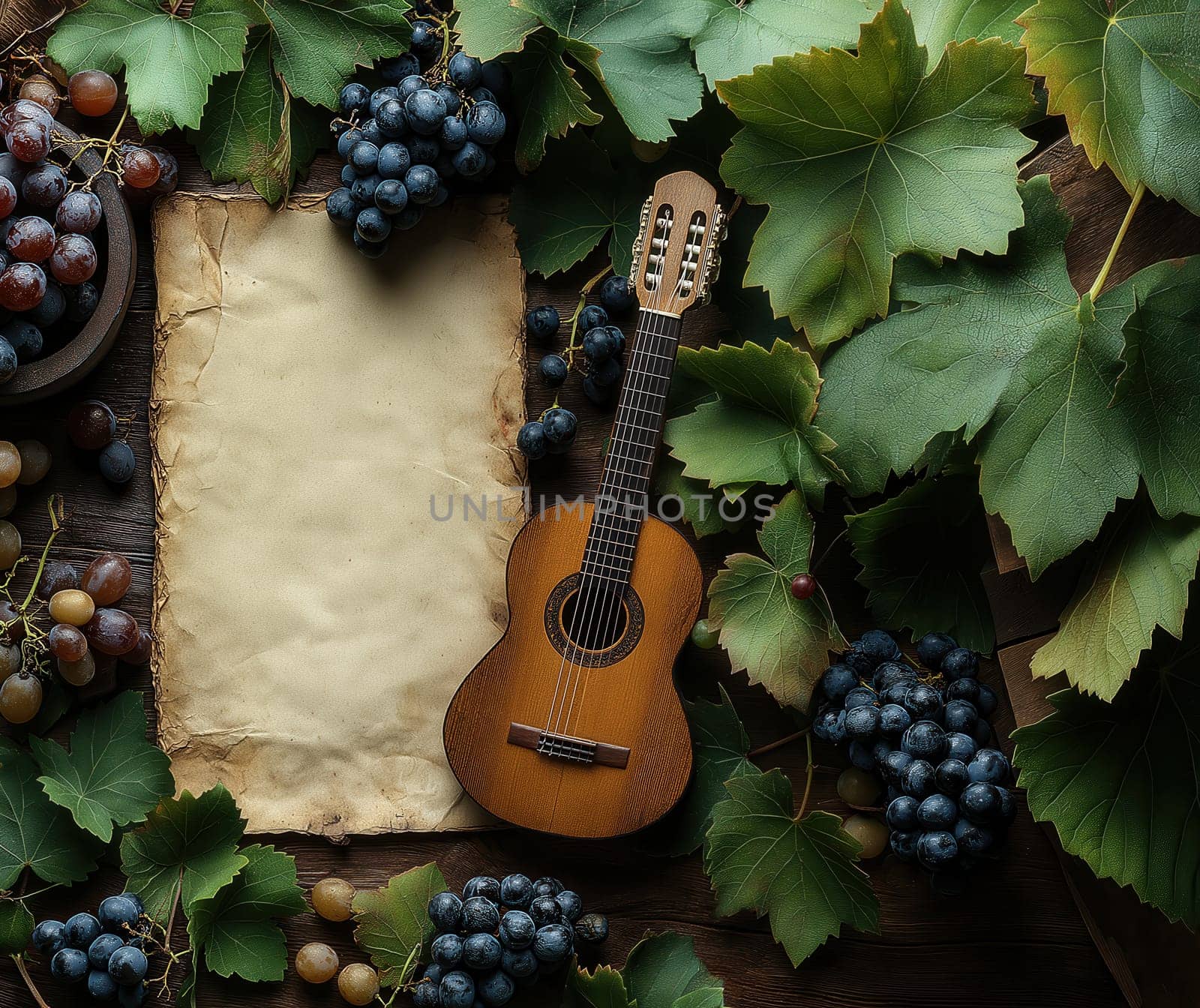 Guitar with parchment on table with grapes and green leaves. Selective focus.