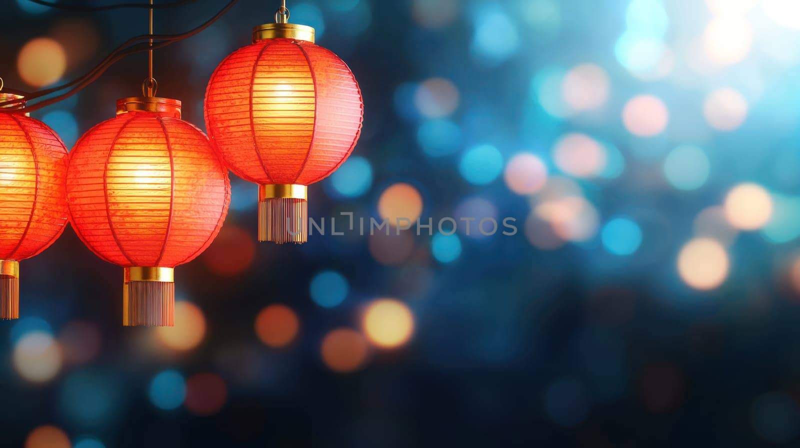 A Vibrant red lanterns glowing against blurred night background create festive atmosphere