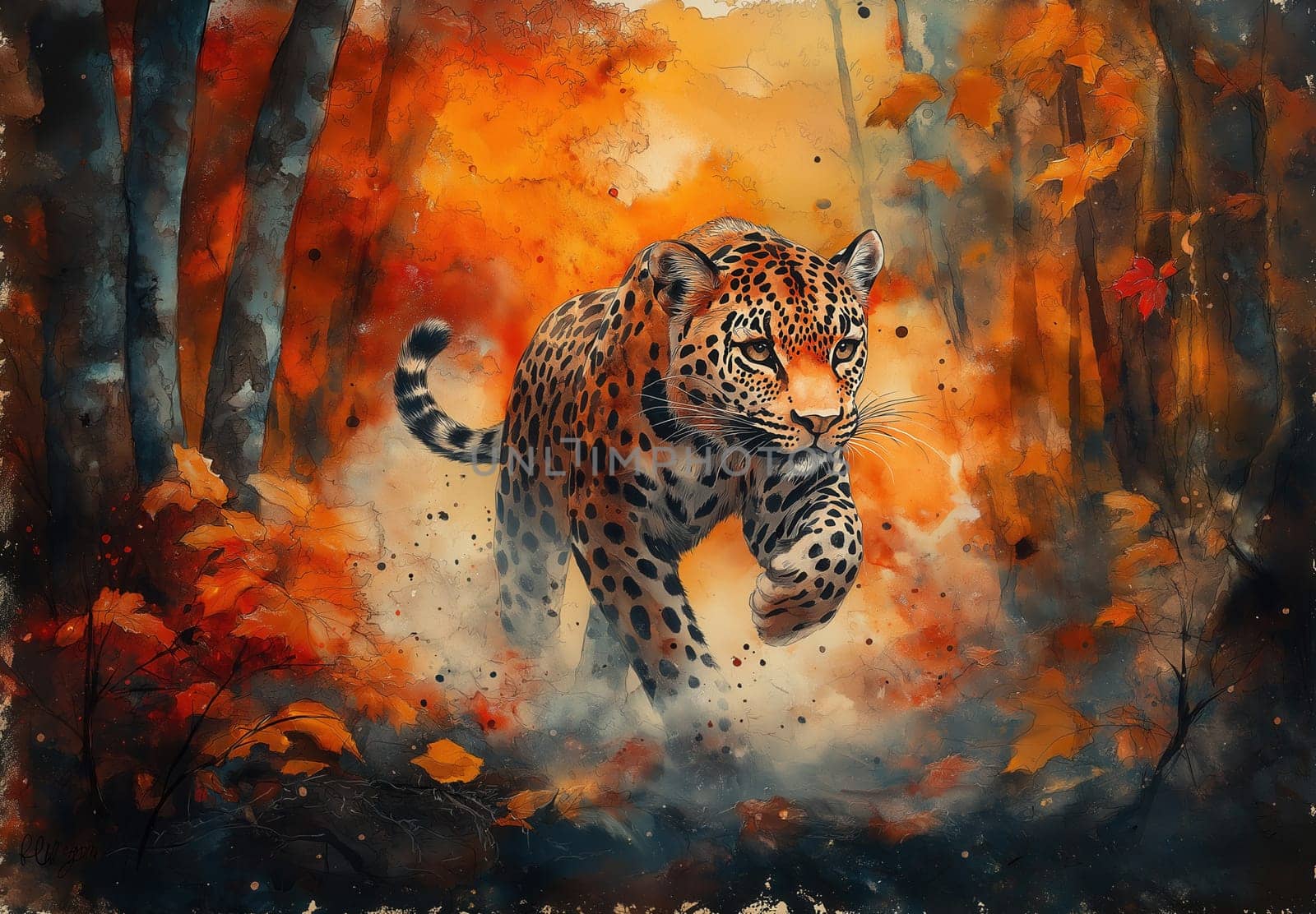 Watercolor, a leopard running through an autumn forest. Selective focus.