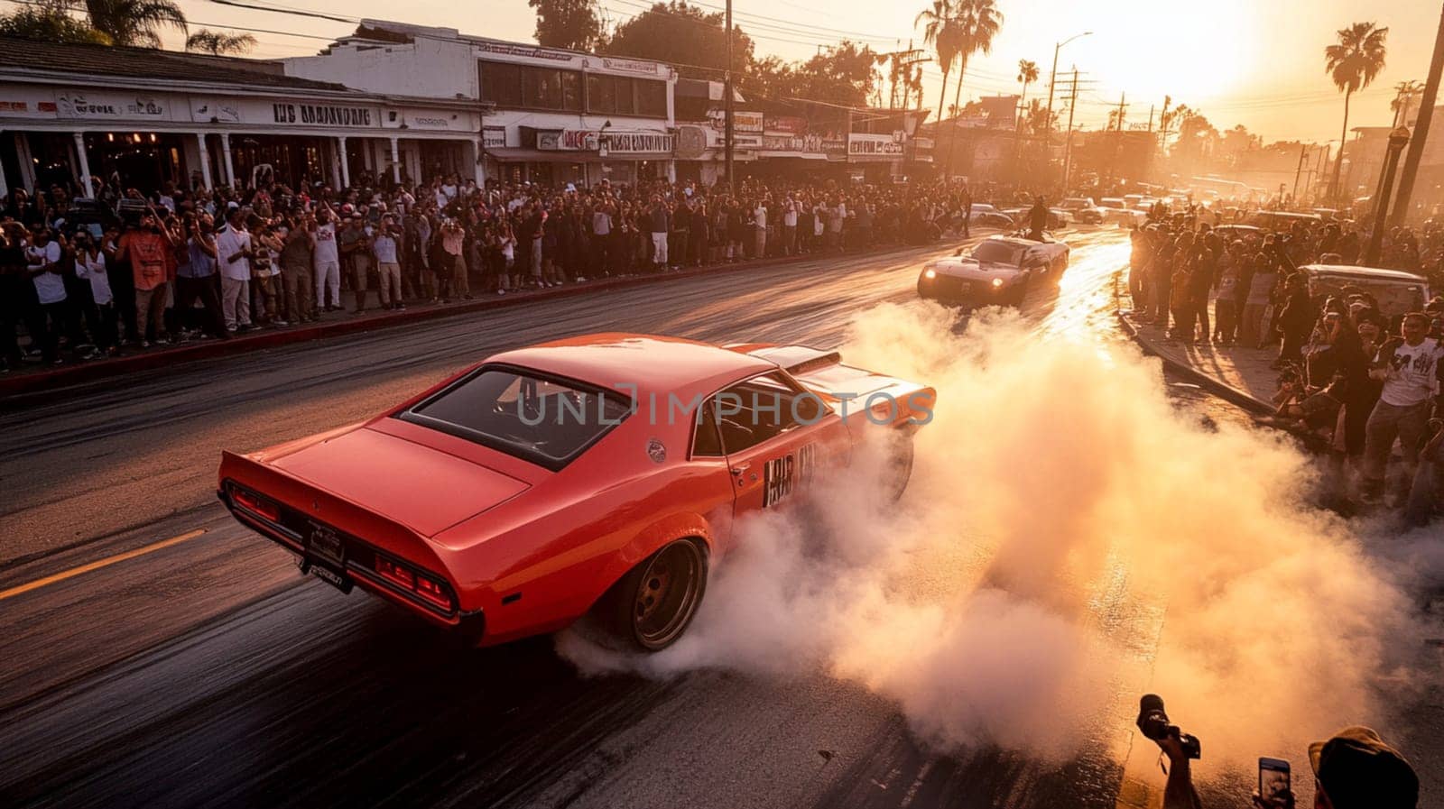 Pink muscle car revs its engine, creating smoke as a crowd cheers at an event. The vibrant sunset adds excitement to this dynamic scene of automotive passion in california's urban streets