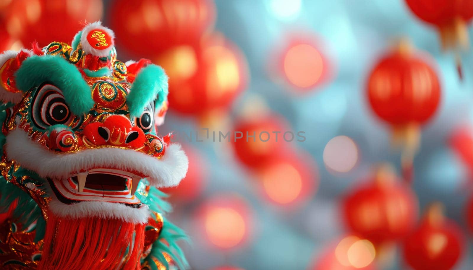 A vibrant lion dance costume with intricate details, surrounded by red lanterns, evokes festive atmosphere
