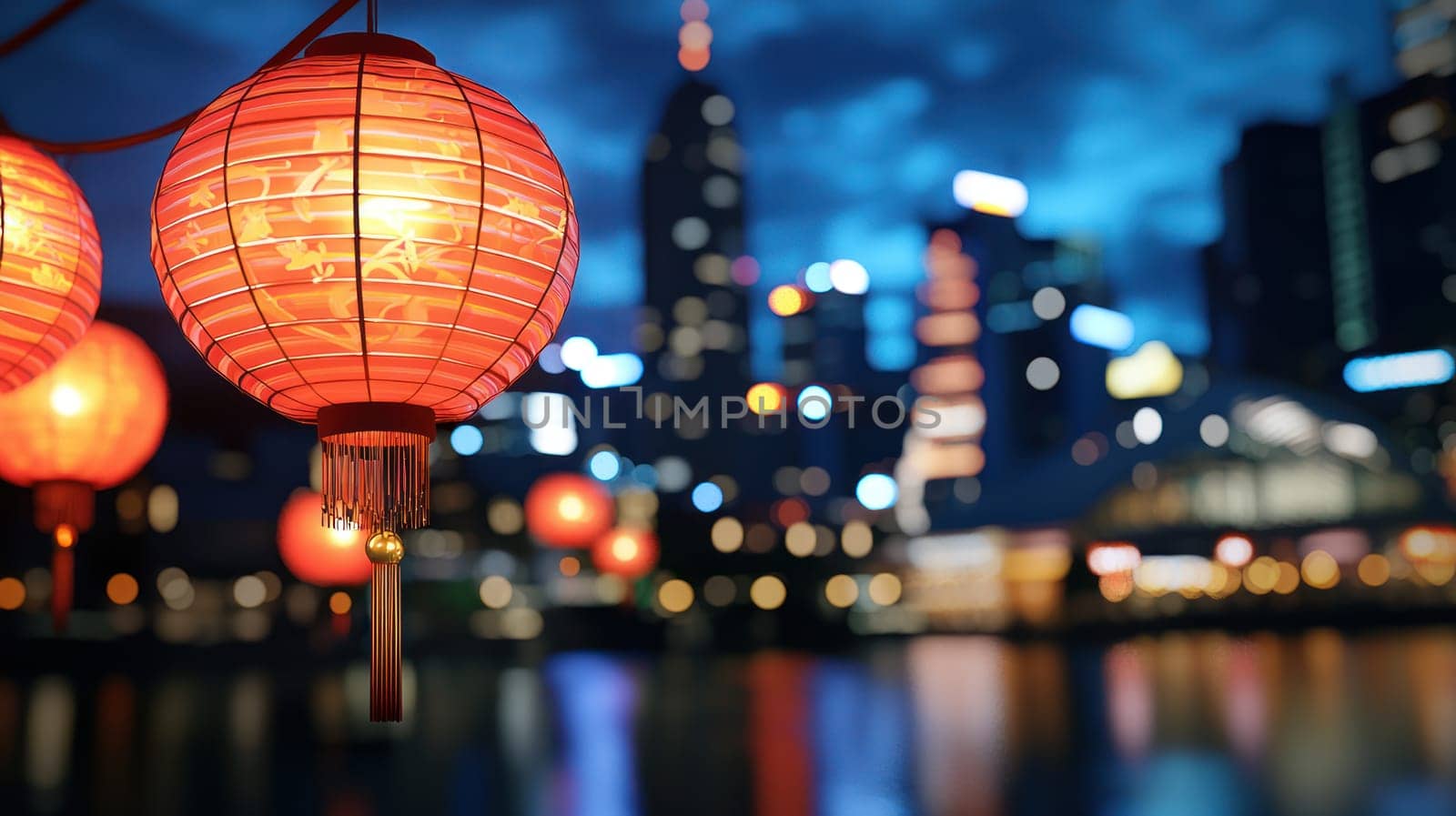 A Vibrant red lanterns illuminate night against blurred city skyline, creating festive atmosphere