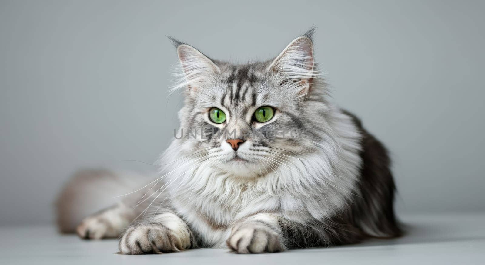 Maine coon cat with striking green eyes and a flowing, long coat rests on a neutral background. the close-up view highlights its majestic appearance and detailed fur pattern, showcasing the breed's distinctive features.
