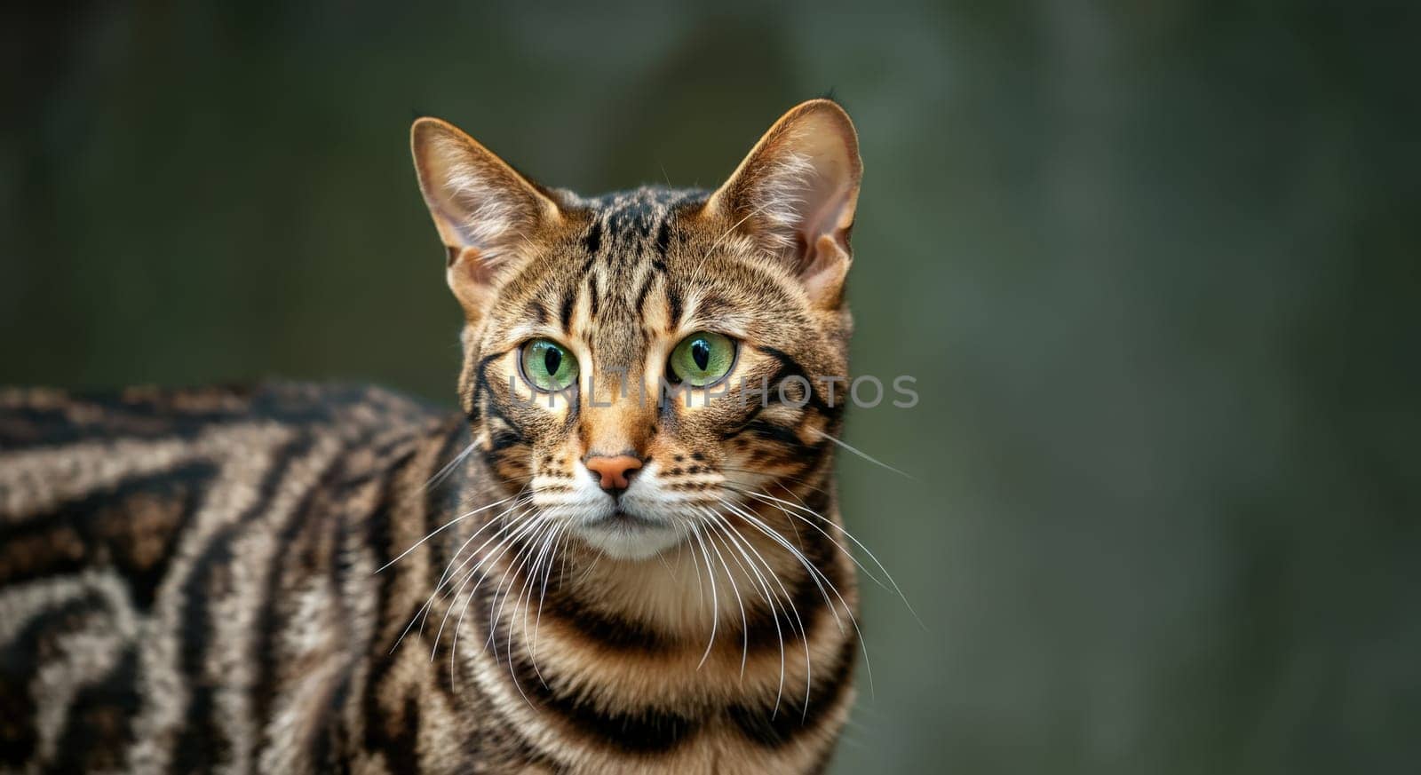 A close-up view of a bengal cat showcasing its distinct striped pattern and captivating green eyes. the feline's attentive and alert expression highlights its wild yet elegant appearance against a natural, blurred background.