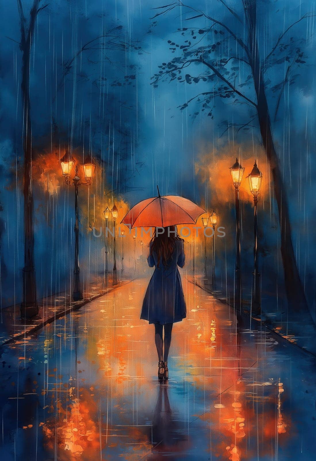 Watercolor, woman with umbrella in the rain, in an urban nightscape. Selective focus.