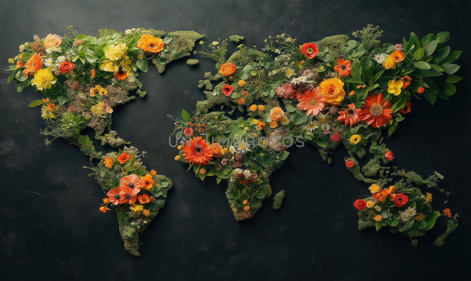 Creative design of a world map laid out of flowers, on a dark background. Selective focus.