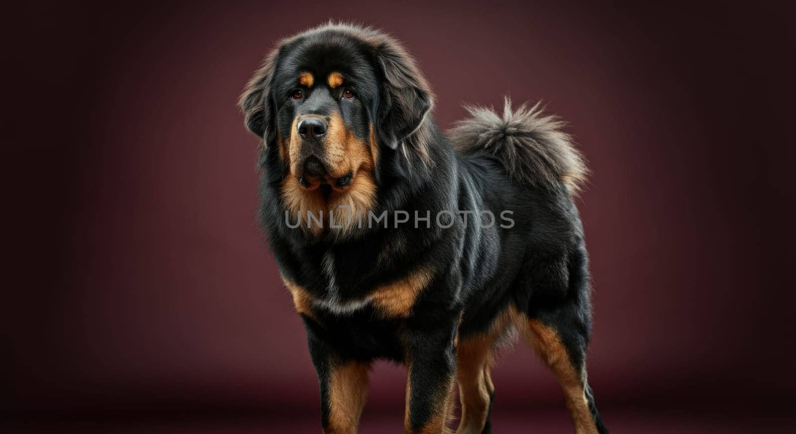 A striking tibetan mastiff with a thick black and tan coat stands confidently against a rich burgundy backdrop. the dog's attentive gaze and poised stance highlight its strength and elegance.