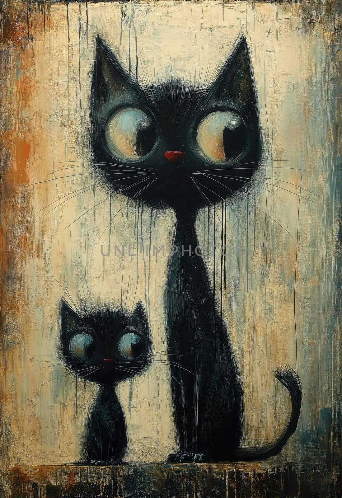 Illustration of black cats sitting on an abstract background. Selective focus.