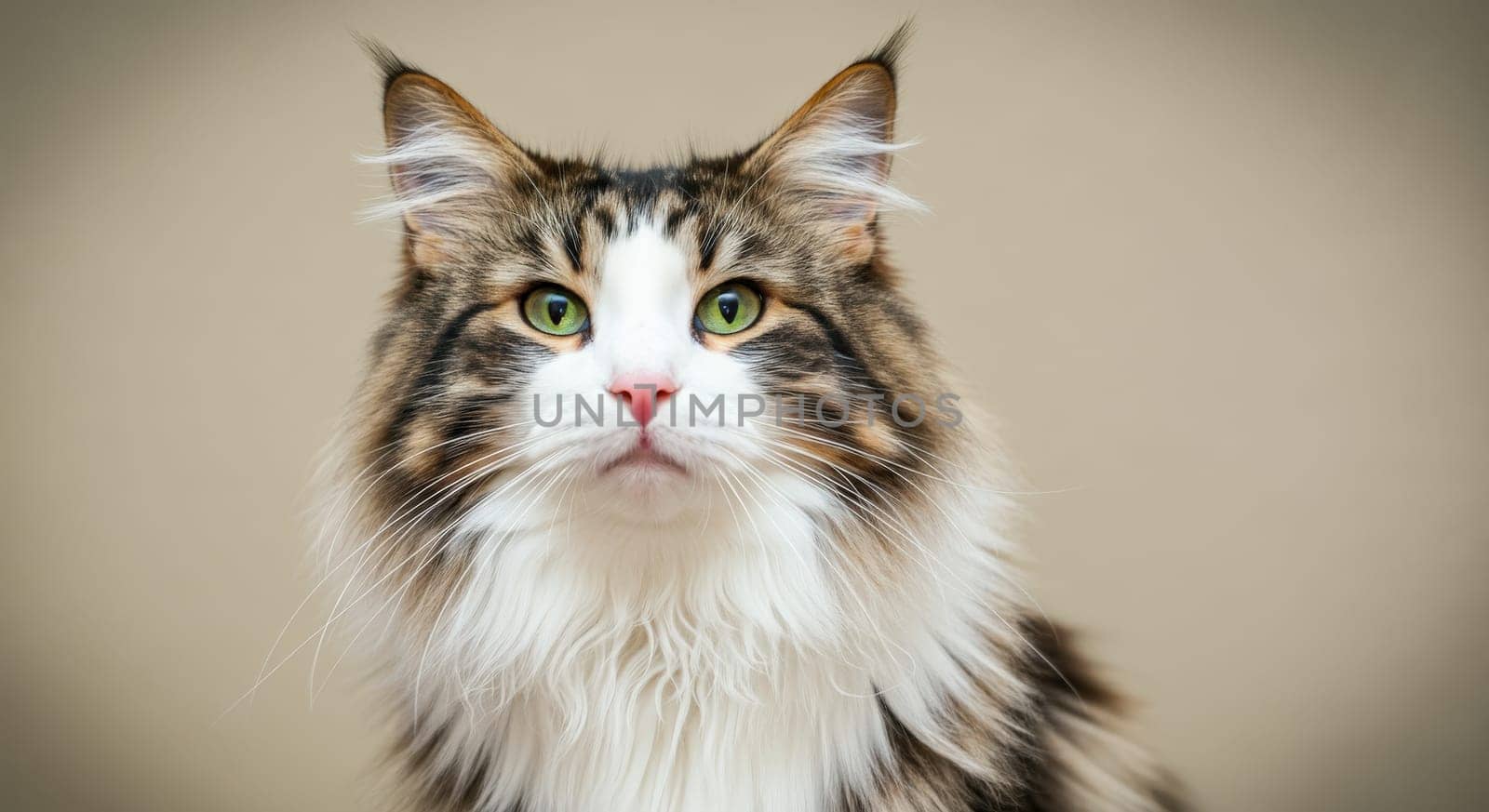 Maine coon cat portrait featuring striking green eyes and long, luxurious fur. the close-up highlights the breed's characteristic large, tufted ears and expressive gaze, set against a neutral background.