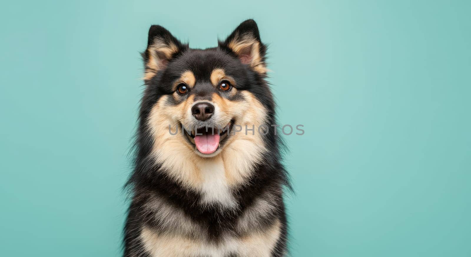 Cheerful finnish lapphund poses with its tongue out, sitting against a light blue backdrop. the fluffy, black and tan coat enhances its friendly and energetic expression, perfect for showcasing canine joy and personality.