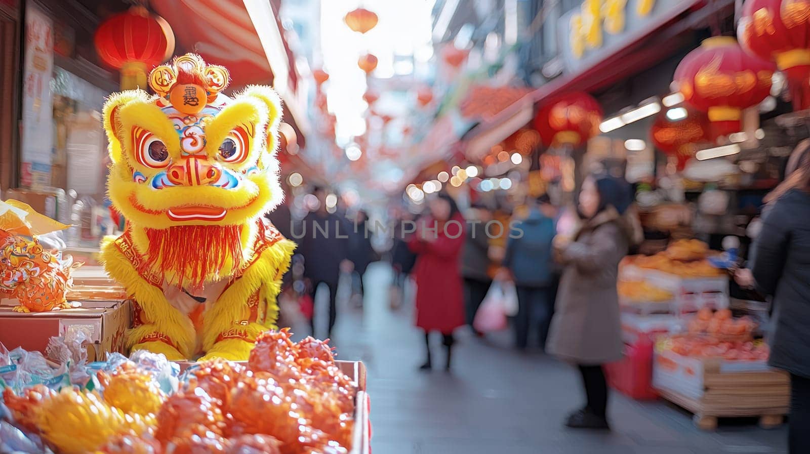 A vibrant lion dance performance in bustling market during Chinese New Year, filled with festive decorations and lively crowds