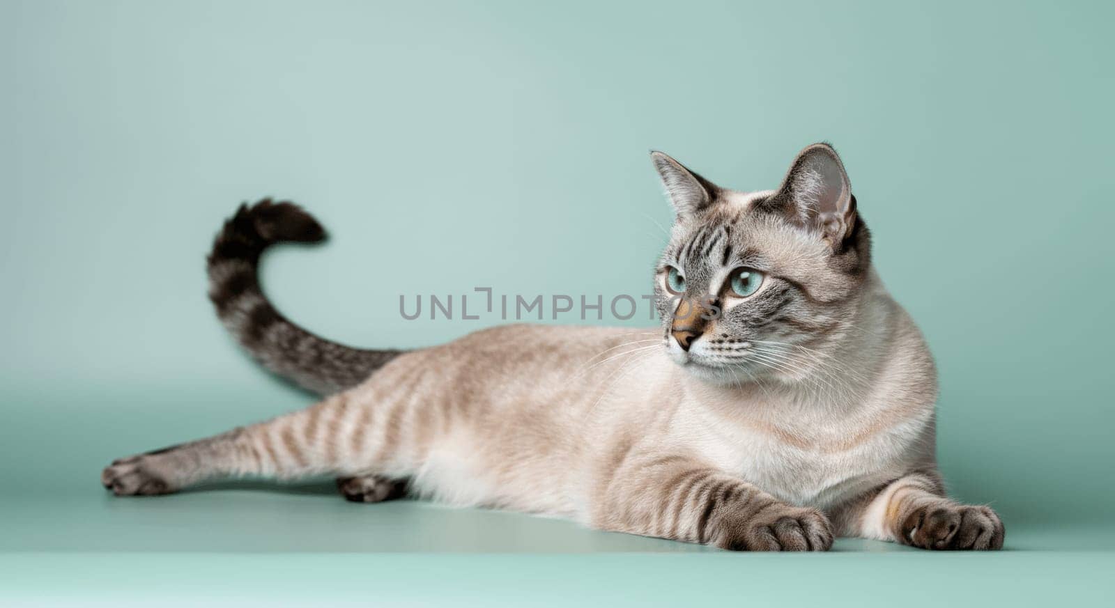 A graceful siamese cat with striking blue eyes, lounging on a mint green surface. the sleek feline’s expressive gaze and distinctive markings highlight its beauty and elegance in a serene setting.