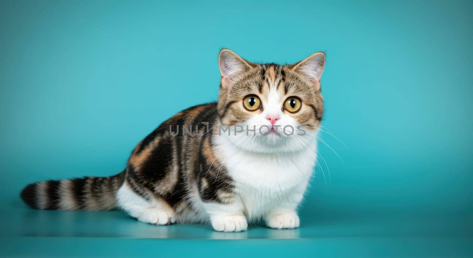 A charming brown and white tabby cat with striking amber eyes stands attentively on a turquoise background. its soft fur and curious expression add a sense of tranquility and warmth, making it an ideal image for pet lovers.
