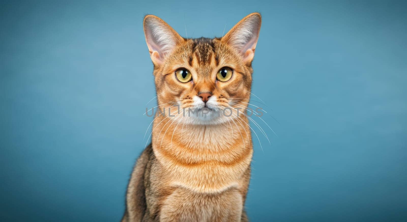 Abyssinian cat with a striking coat of warm tones and expressive eyes gazes intently at the camera. the blue background highlights its unique fur patterns and elegant, attentive posture.
