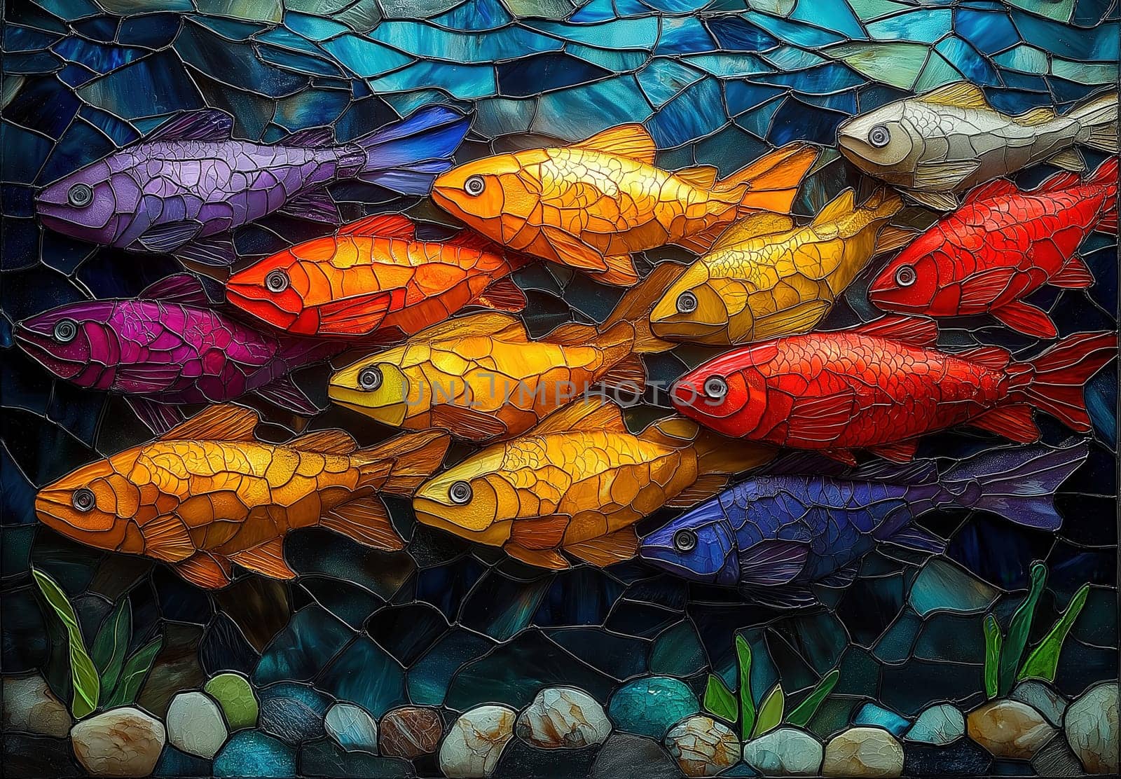 School of colorful fish on mosaic background. Selective focus.