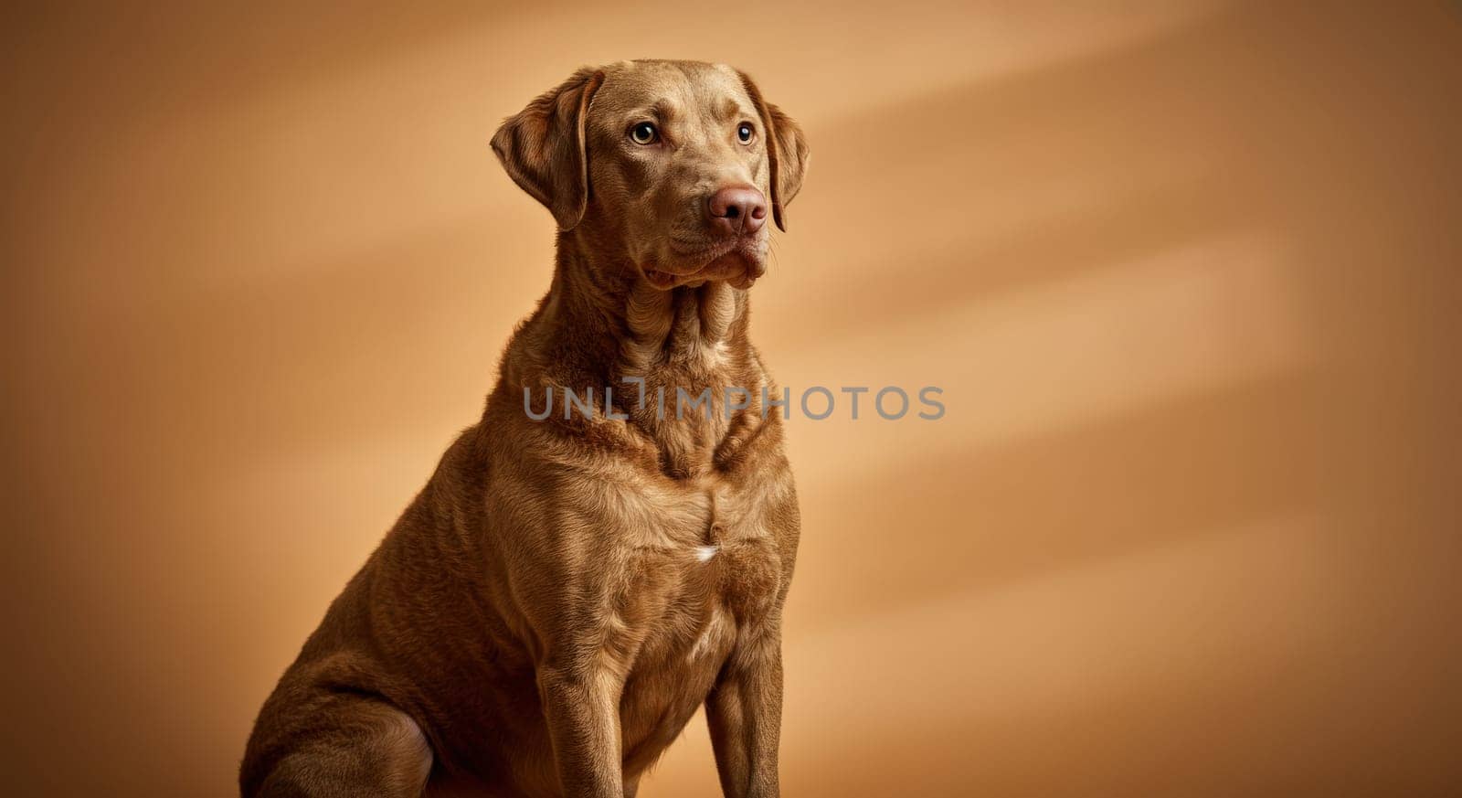 Chocolate labrador retriever sits attentively against a rich brown backdrop, showcasing its expressive eyes and glossy coat. the warm background complements the dog's features, creating a harmonious and serene composition.