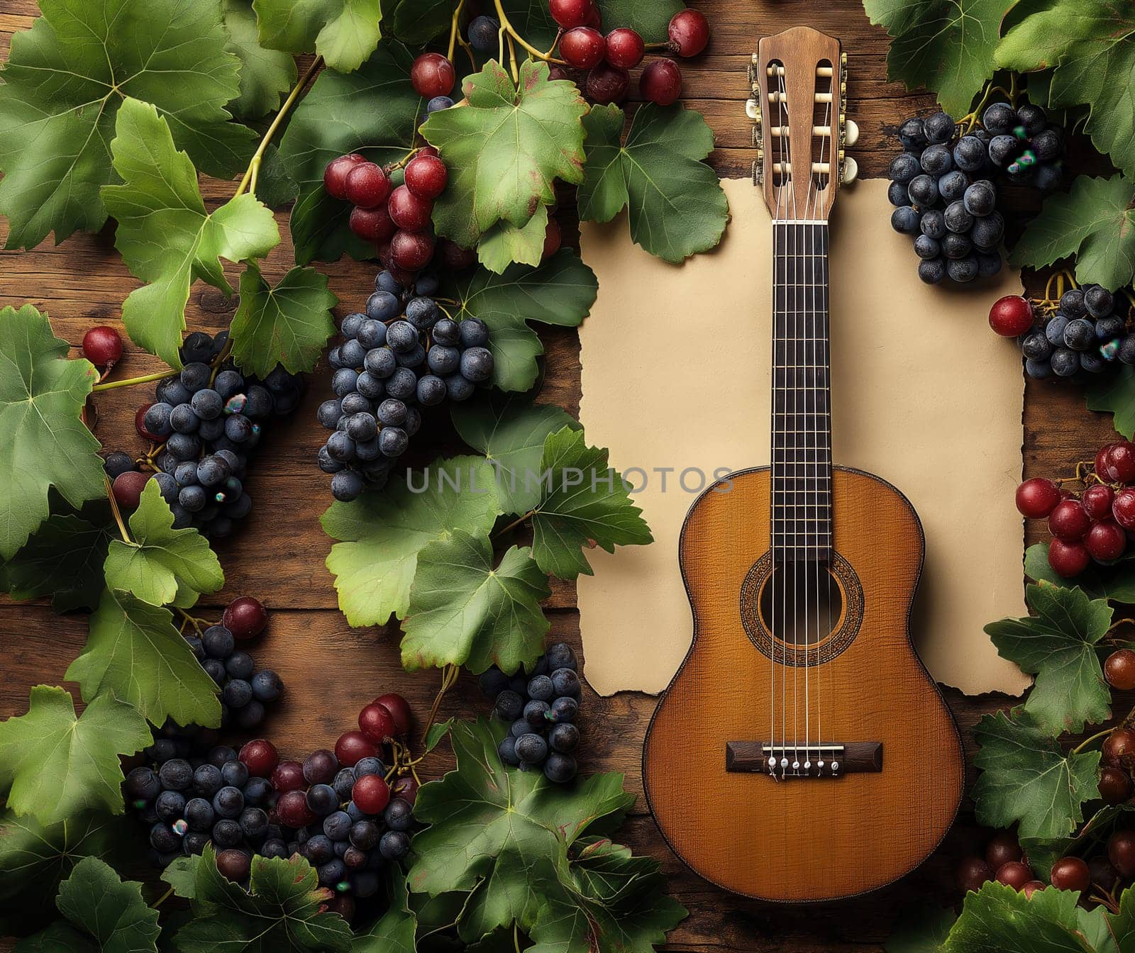 Guitar with parchment on table with grapes and green leaves. Selective focus.