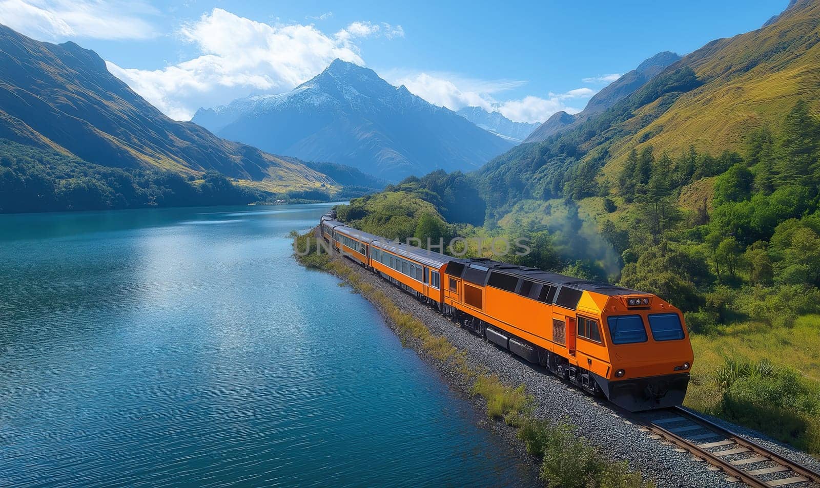 Train travel through the mountains next to a lake. Selective focus.