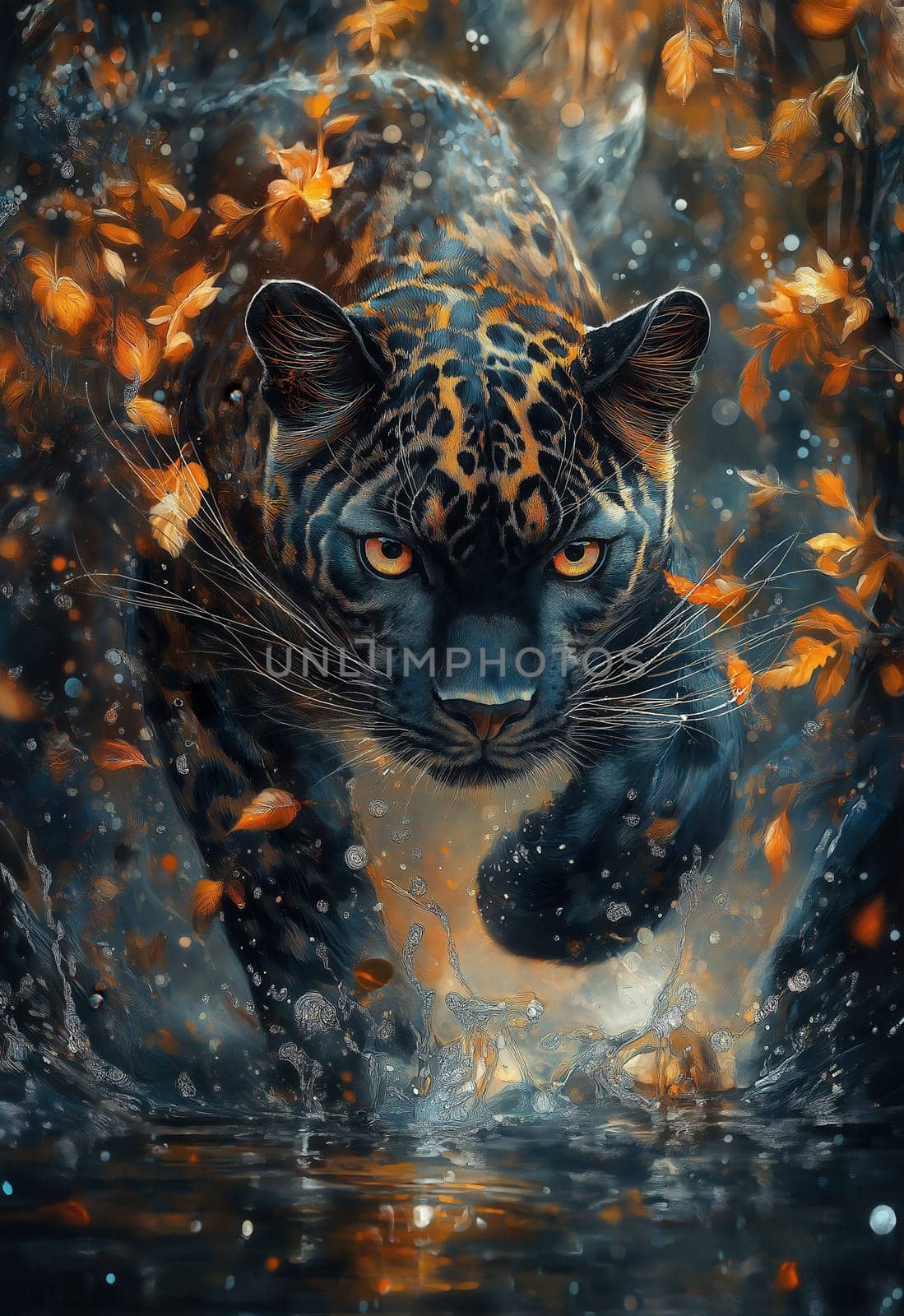 Watercolor, a leopard running through an autumn forest. Selective focus.