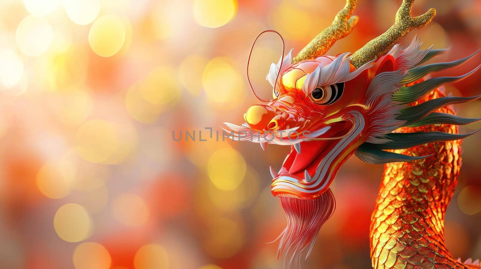 A vibrant dragon symbolizing traditional Chinese New Year celebrations, showcasing intricate details and bright colors, evokes joy and festivity