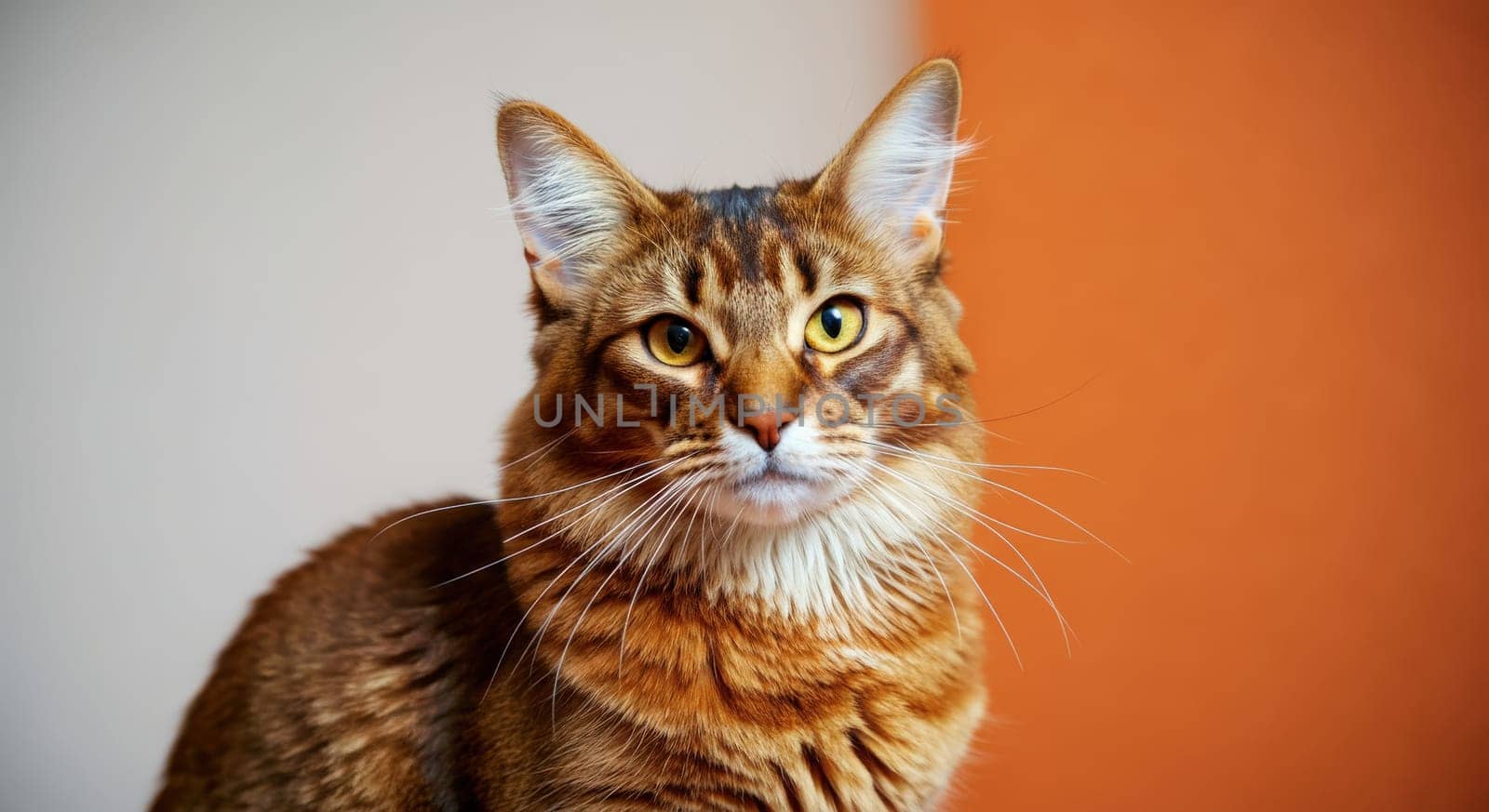 A maine coon cat sits attentively against a soft two-toned background of white and orange. its expressive, tufted ears and striking amber eyes highlight its majestic and captivating presence.