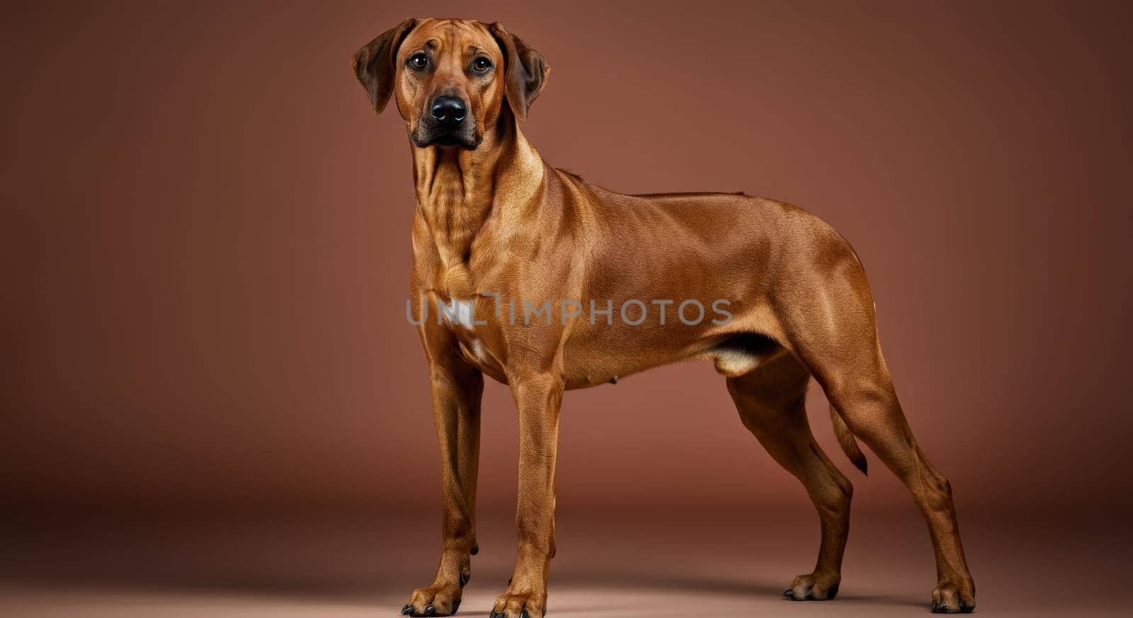 Rhodesian ridgeback stands tall on a warm brown studio backdrop, its sleek coat and strong structure. the dog's attentive posture and gaze showcase its intelligence and dignity.