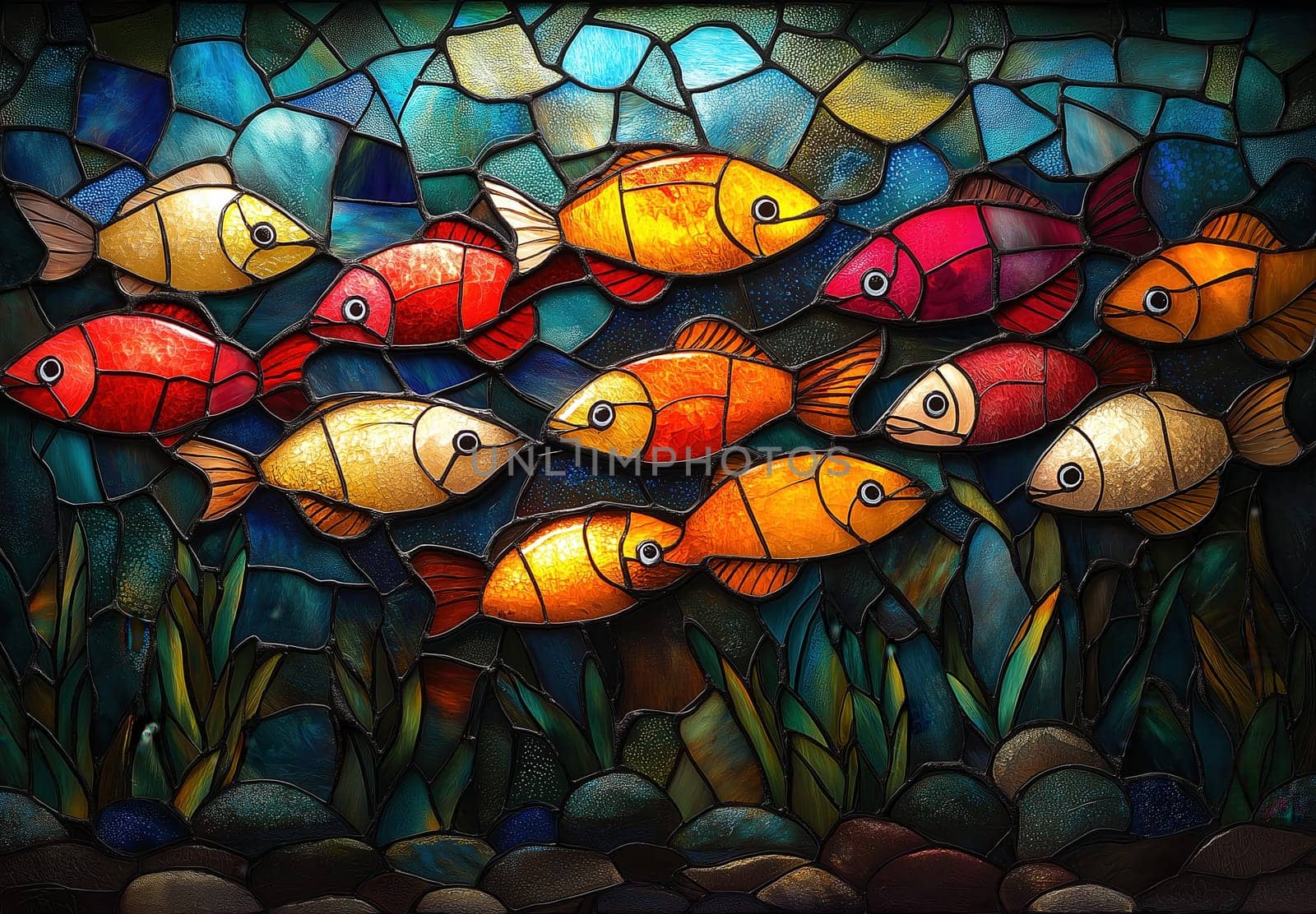 School of colorful fish on mosaic background. Selective focus.