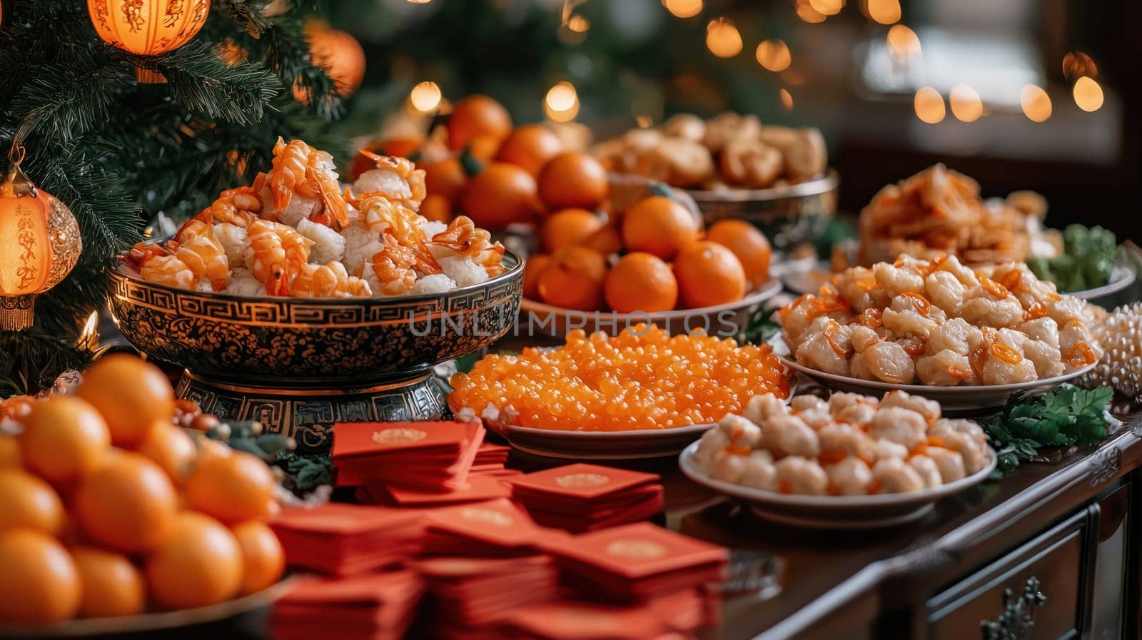 A festive table filled with traditional foods, oranges, and treats, creating warm and joyful atmosphere