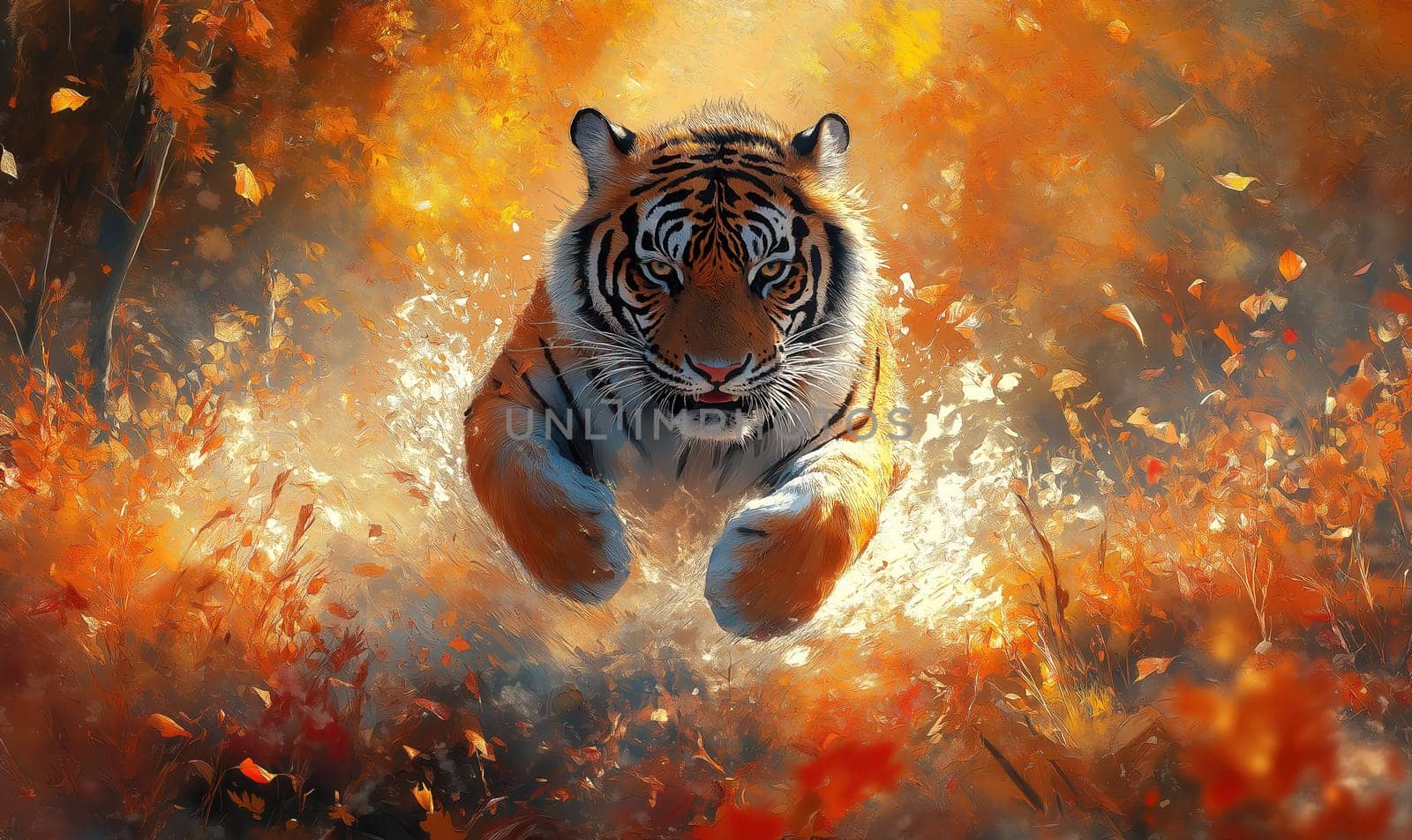 Watercolor, tiger running through an autumn forest. Selective focus.