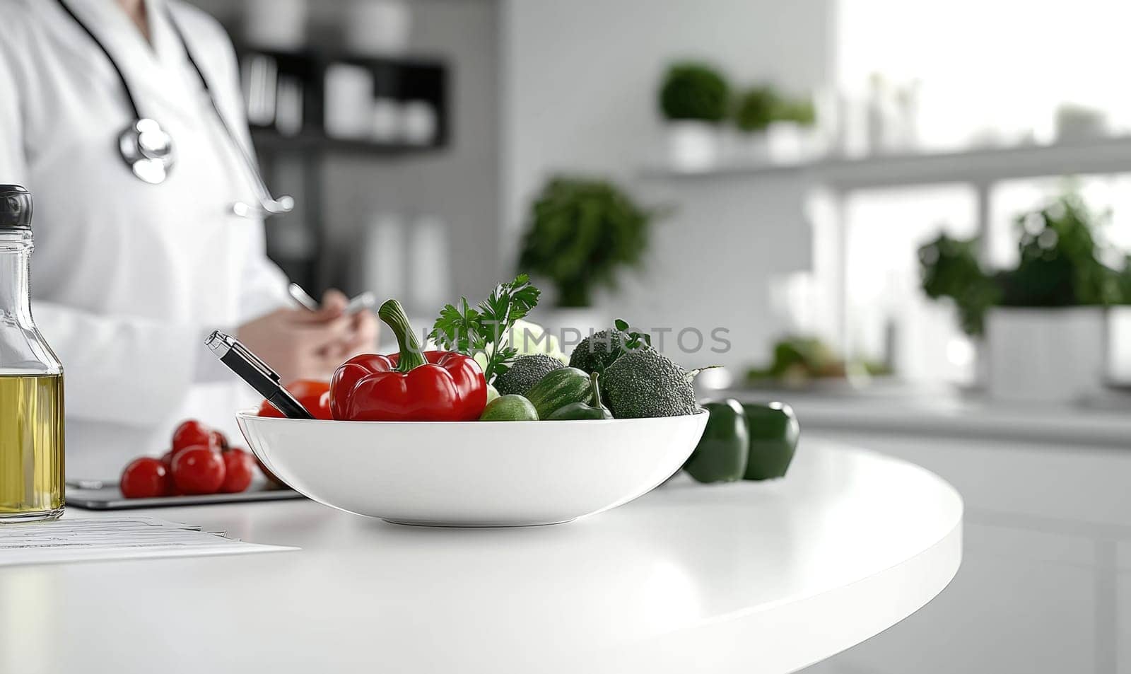 Doctor nutritionist: fresh vegetables, ripe fruits, balanced diet, proper nourishment, health strategy, wholesome food, dietary advice, nutritional focus, mindful eating, nutritious meals