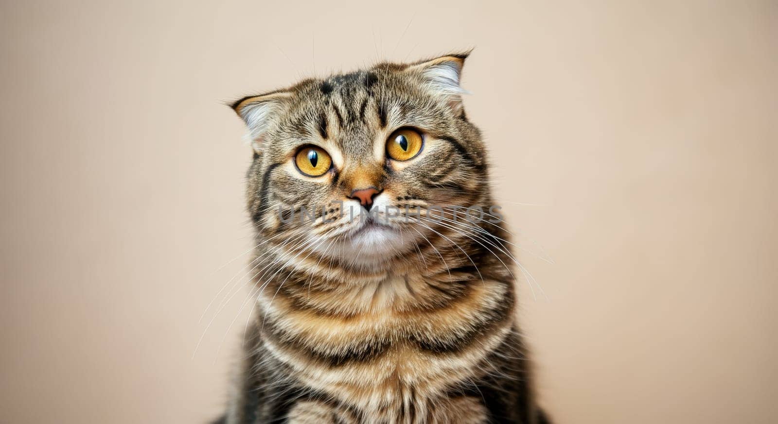 A close-up portrait of a scottish fold cat, showcasing its distinctive folded ears and vibrant amber eyes. the subtle background enhances the cat's striking features, its unique and captivating appearance.