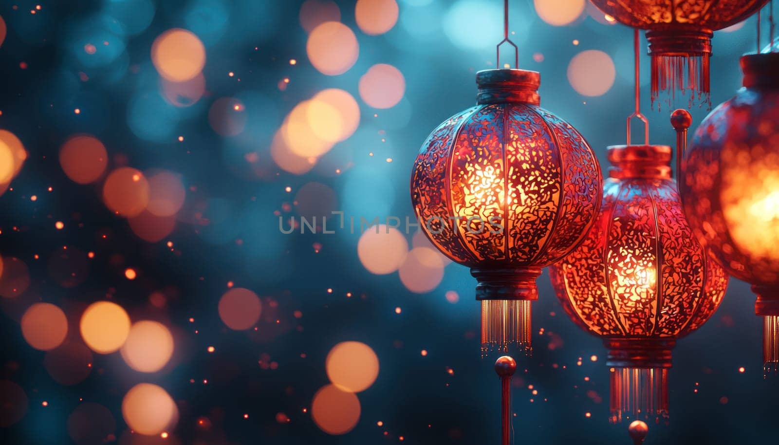 A Traditional red Chinese lanterns illuminate festive atmosphere with warm light, creating magical ambiance