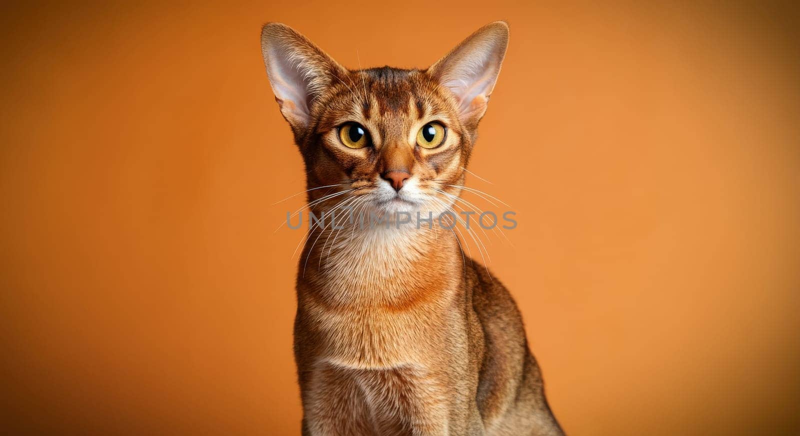 Abyssinian cat with a sleek coat and attentive expression on an orange background. the image highlights the breed's elegance, showcasing its keen eyes and alert ears, ideal for themes of grace and feline beauty.