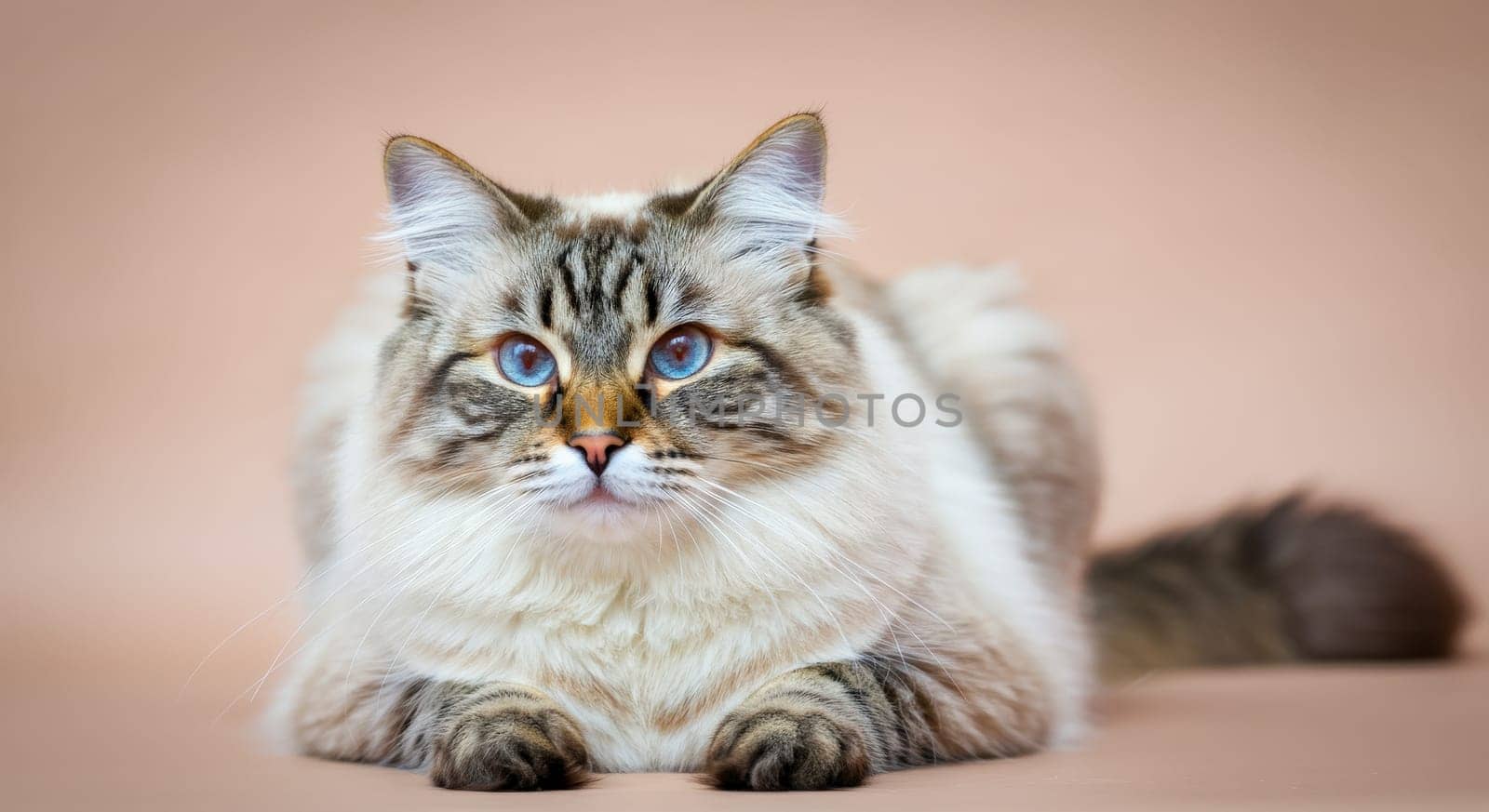 A ragdoll cat with striking blue eyes lies against a soft pastel backdrop, showcasing its fluffy fur and distinctive markings. ideal for pet enthusiasts and natural beauty themes.