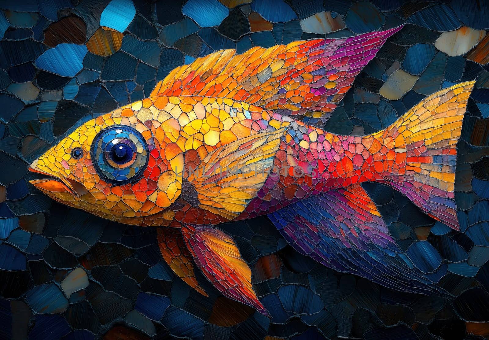 Colorful fish with stained glass pattern on mosaic background. Selective focus.