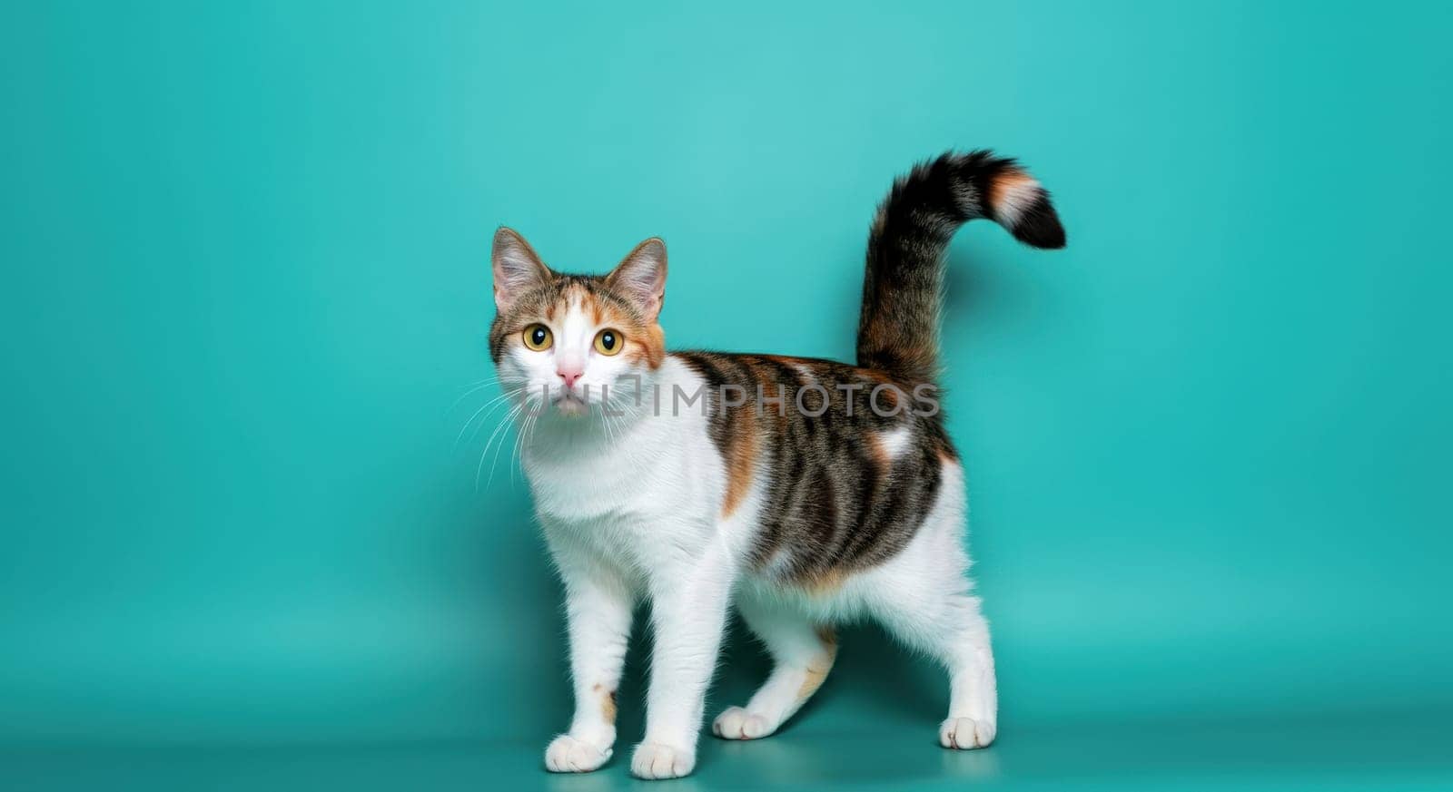 Calico cat with distinct white, orange, and black fur stands against a vivid turquoise backdrop. the feline's attentive expression and poised stance create a lively and intriguing composition for animal enthusiasts.