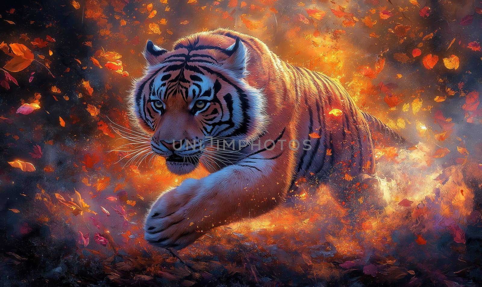Watercolor, tiger running through an autumn forest. Selective focus.