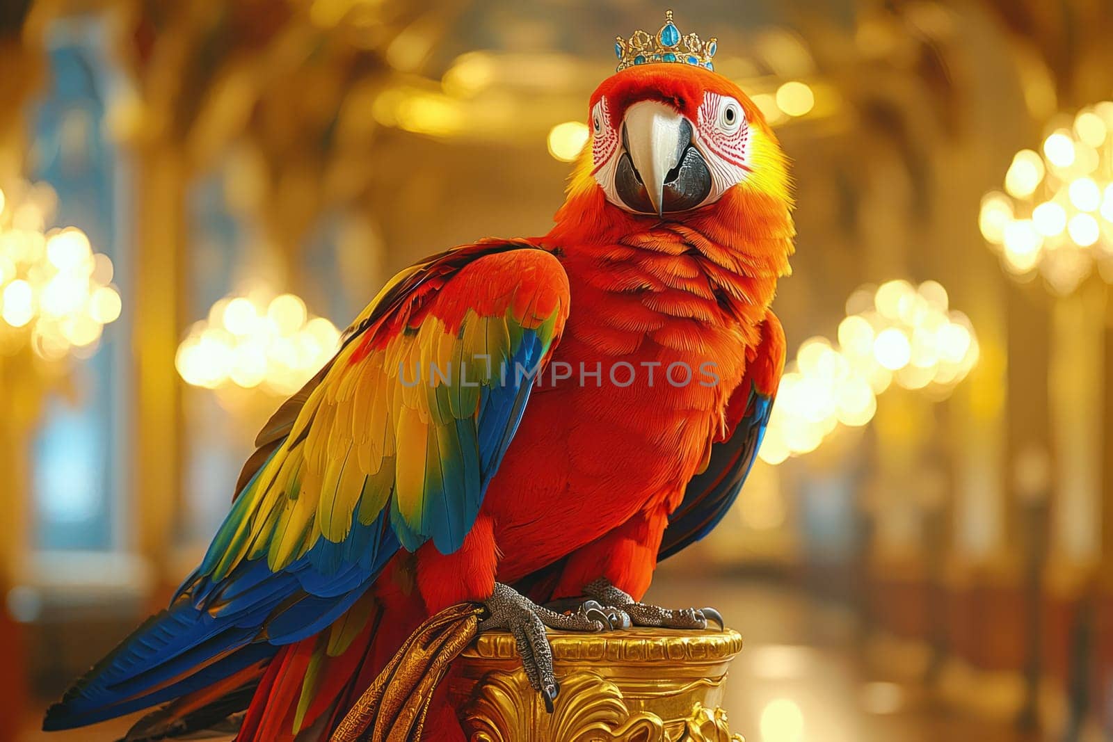 A vibrant parrot wearing crown, perched elegantly in grand setting, exuding majesty and charm