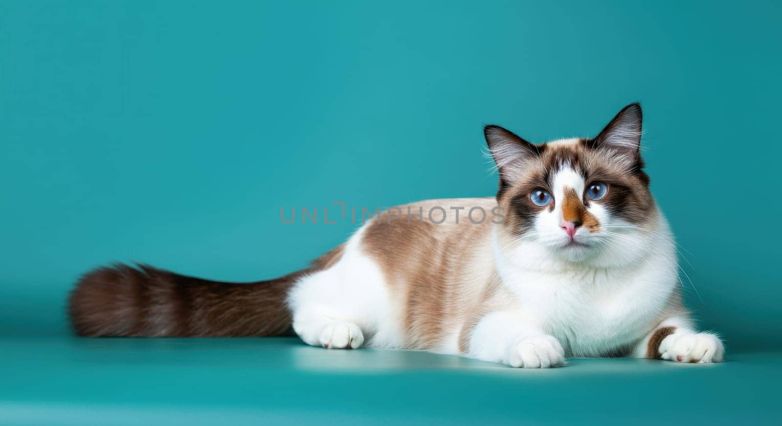 Ragdoll cat with striking blue eyes and a luxurious coat lying on a vibrant turquoise backdrop. the scene highlights the breed's distinctive markings and relaxed demeanor, ideal for pet-related designs and content.