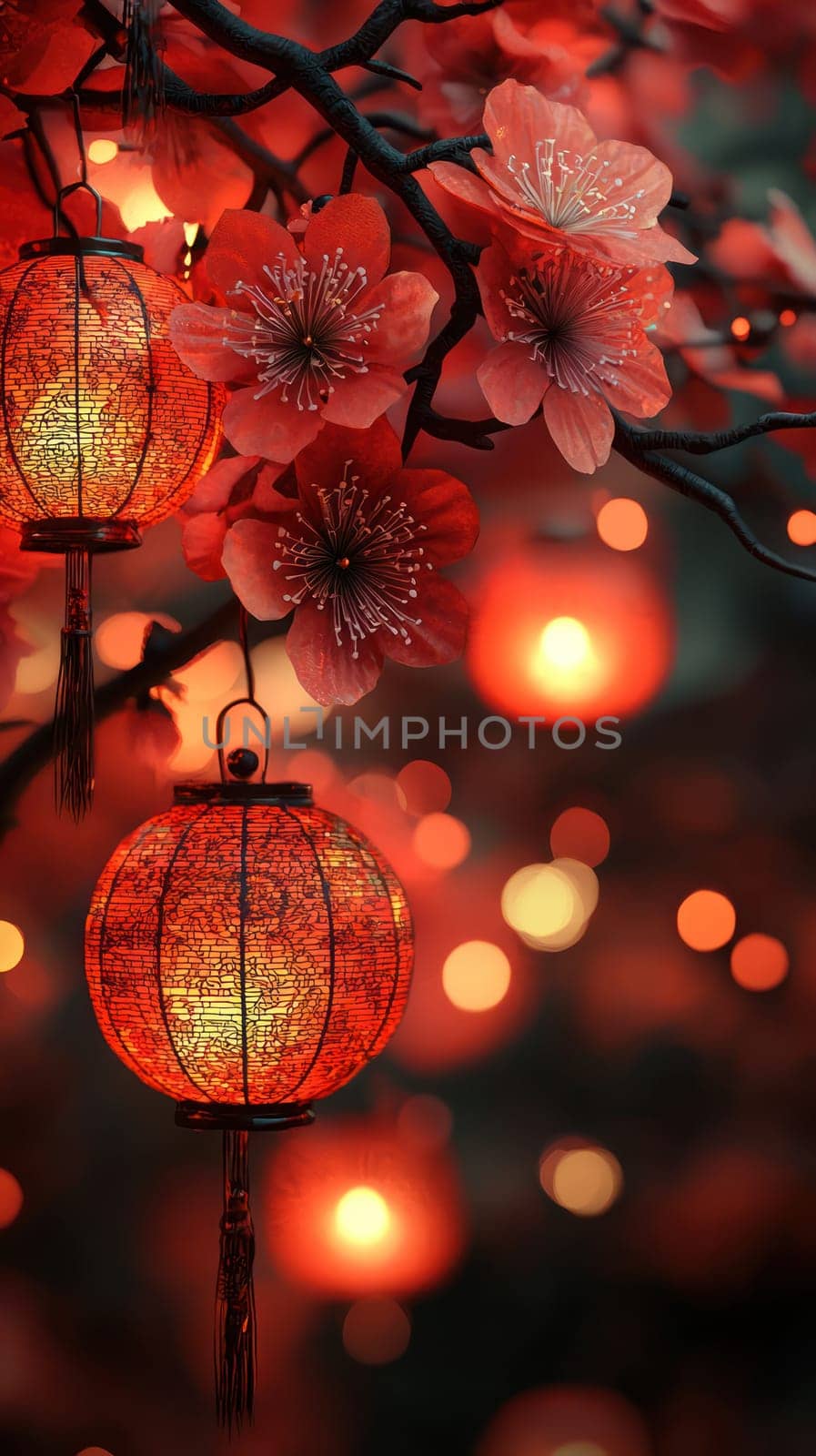 A vibrant display of red lanterns and cherry blossoms creates festive atmosphere, evoking warmth and celebration