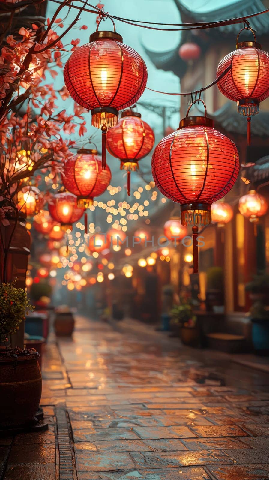 A vibrant street scene adorned with rows of hanging red lanterns, creating warm and inviting atmosphere