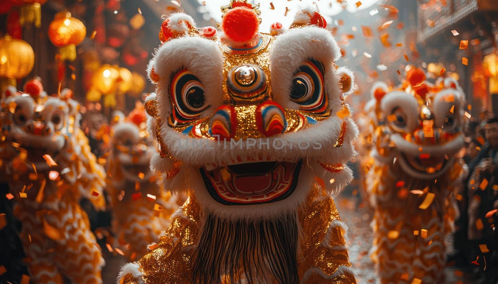 A vibrant street scene featuring colorful lion dancers celebrating with joy and energy, surrounded by festive decorations and confetti