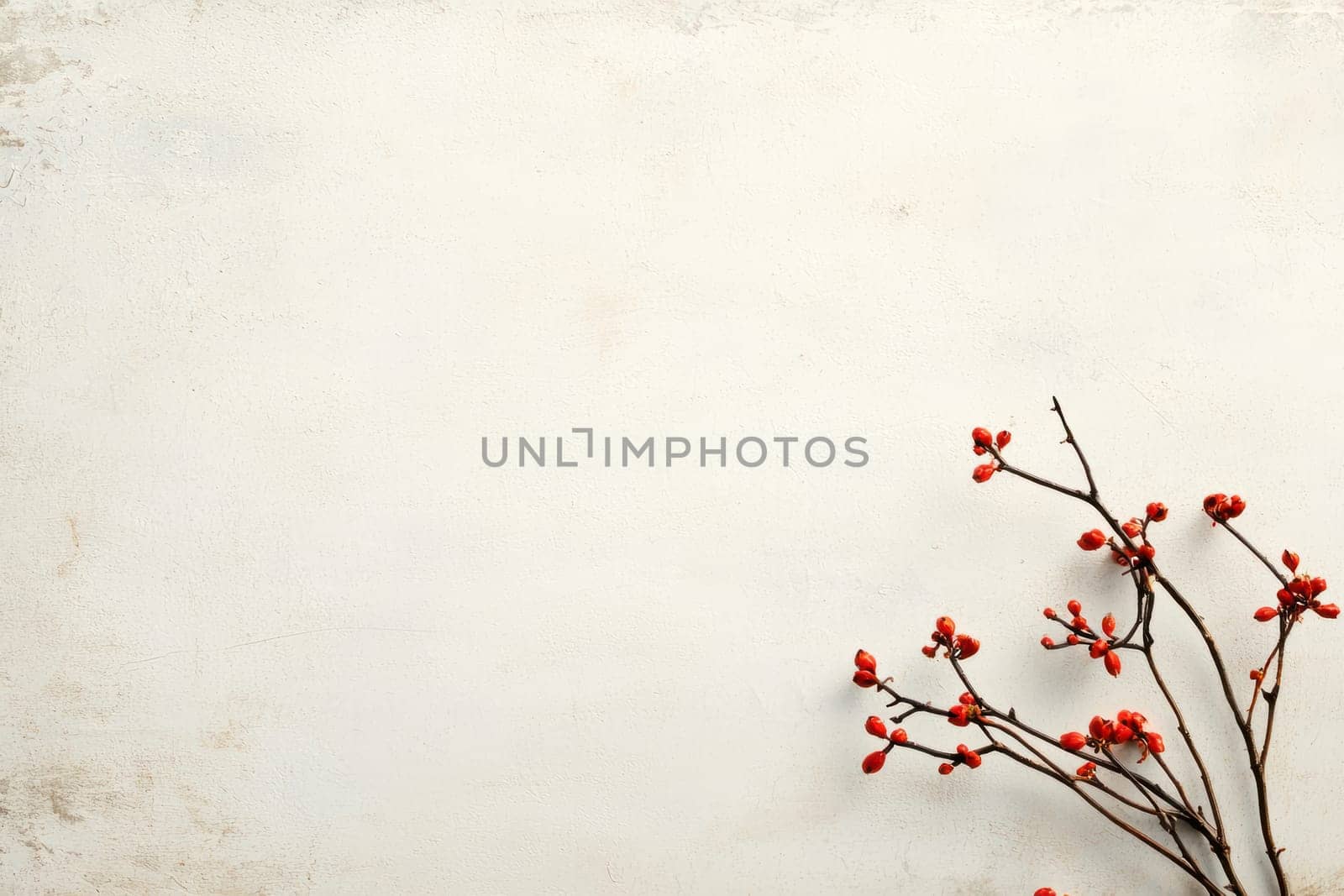 A delicate branch with red berries against textured neutral background evokes serene atmosphere